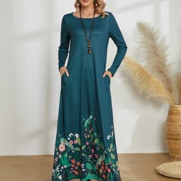 Ladies Large Maxi dress Green with floral & bird print - Picture 5 of 12